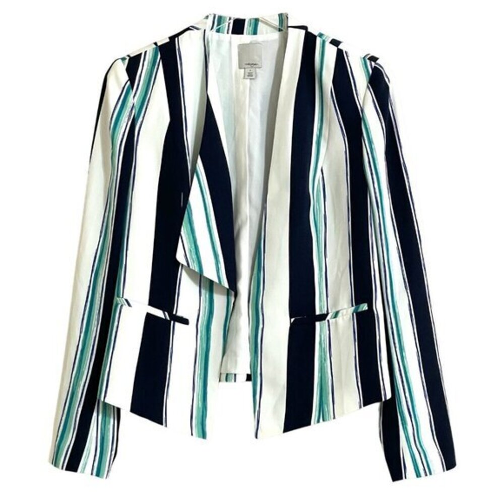 Halogen Blazer Striped Open Front Jacket White Blue Teal Green SZ S New